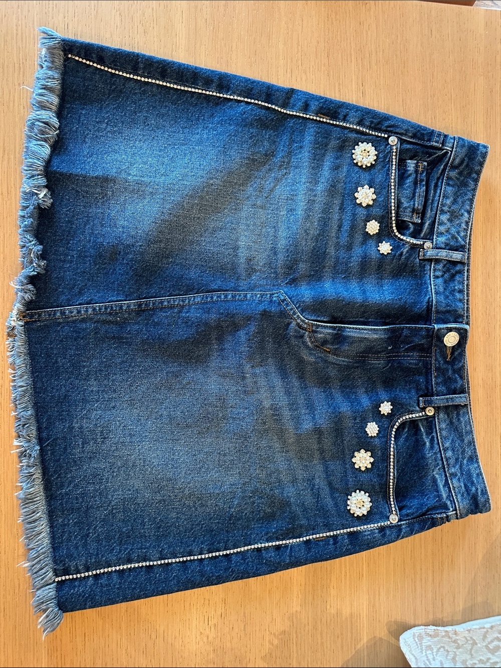 LOFT Dark Blue Denim Mini Skirt with Rhinestone Floral Accents